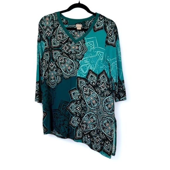 Chico's Tops - 2/$30 Chico's 3/4 Sleeve Paisley Top blouse Asymmetrical Teal Blue SZ 0 = XS 4